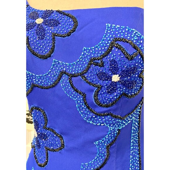 Vtg MIKE BENET FORMALS Sz 8 100% Silk Long Gown Dress Blue Floral Beaded Prom - Picture 8 of 14